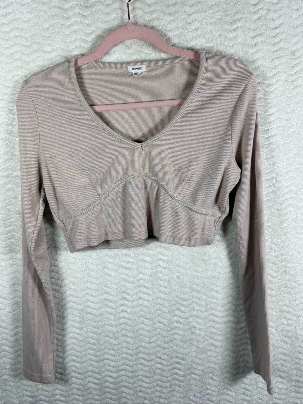 Garage Cropped V-Neck Long Sleeve Top - Taupe